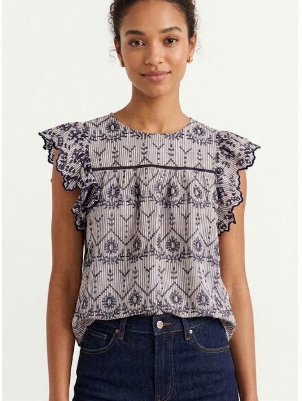 Crown And Ivy Cotton Flutter Sleeve Embroidered Eyelet Stripe Blouse L